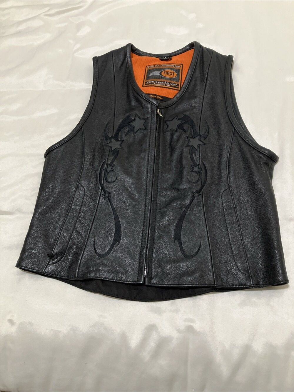 First Classics Motorcycle Leather Vest Embroidered Shooting Star Women’s M Black